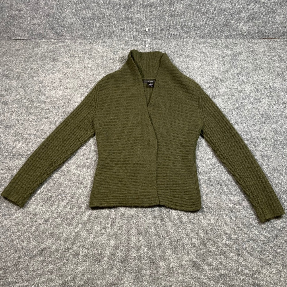 Elena Solano Womens Olive Green 100% Cashmere Ribbed Shawl Cardigan Size M
